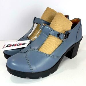 Dadawen Sz 10.5 Blue Mary Jane Shoes Platform Faux Leather T-Strap 3" Heel Y2K